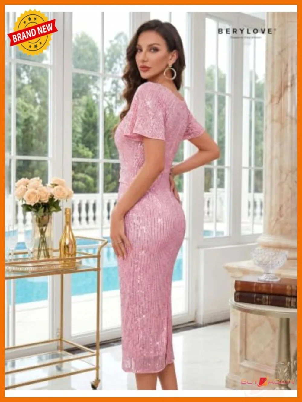 Sequin Formal Cocktail Bodycon Midi Dress Ruffle Sleeve Ruched